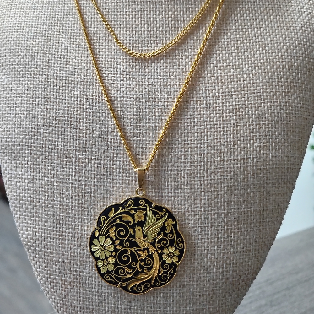 Vintage Damascene Gold and Black Pendant Necklace